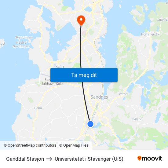 Ganddal Stasjon to Universitetet i Stavanger (UiS) map