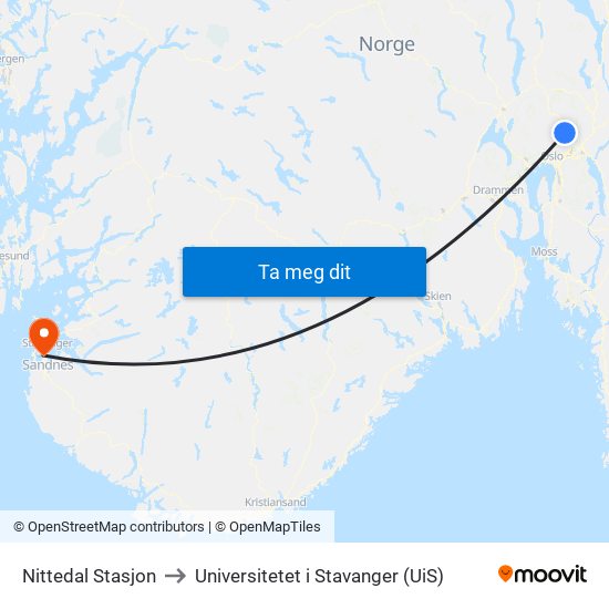 Nittedal Stasjon to Universitetet i Stavanger (UiS) map
