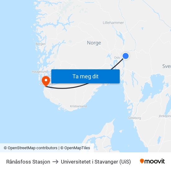 Rånåsfoss Stasjon to Universitetet i Stavanger (UiS) map