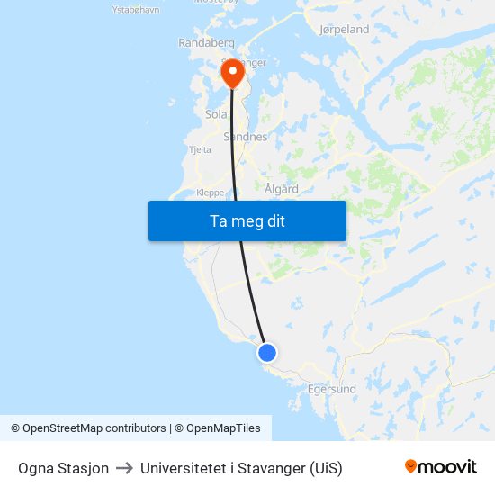 Ogna Stasjon to Universitetet i Stavanger (UiS) map
