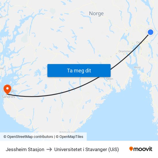 Jessheim Stasjon to Universitetet i Stavanger (UiS) map