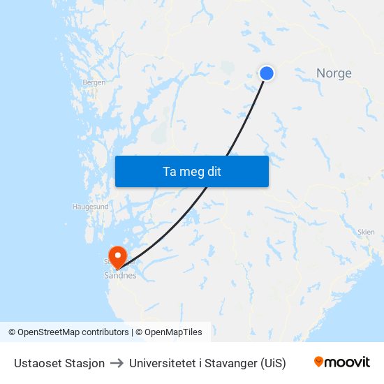 Ustaoset Stasjon to Universitetet i Stavanger (UiS) map