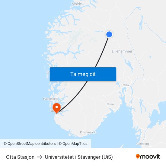 Otta Stasjon to Universitetet i Stavanger (UiS) map