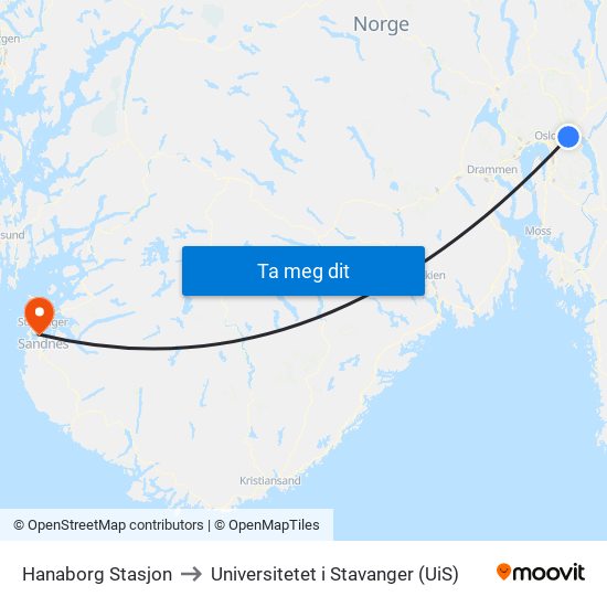 Hanaborg Stasjon to Universitetet i Stavanger (UiS) map