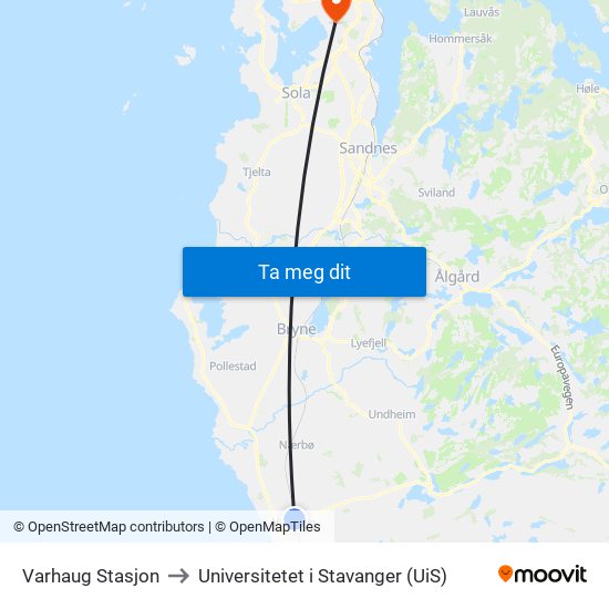 Varhaug Stasjon to Universitetet i Stavanger (UiS) map