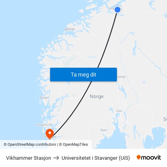 Vikhammer Stasjon to Universitetet i Stavanger (UiS) map