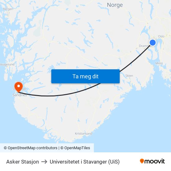 Asker Stasjon to Universitetet i Stavanger (UiS) map