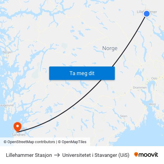 Lillehammer Stasjon to Universitetet i Stavanger (UiS) map