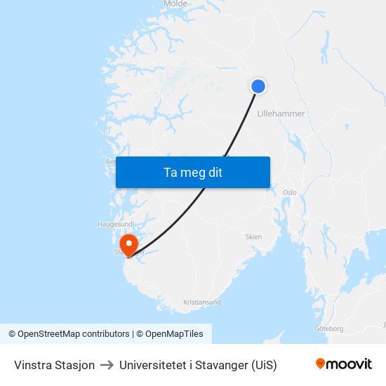 Vinstra Stasjon to Universitetet i Stavanger (UiS) map
