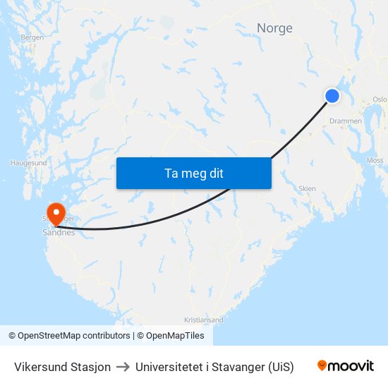 Vikersund Stasjon to Universitetet i Stavanger (UiS) map