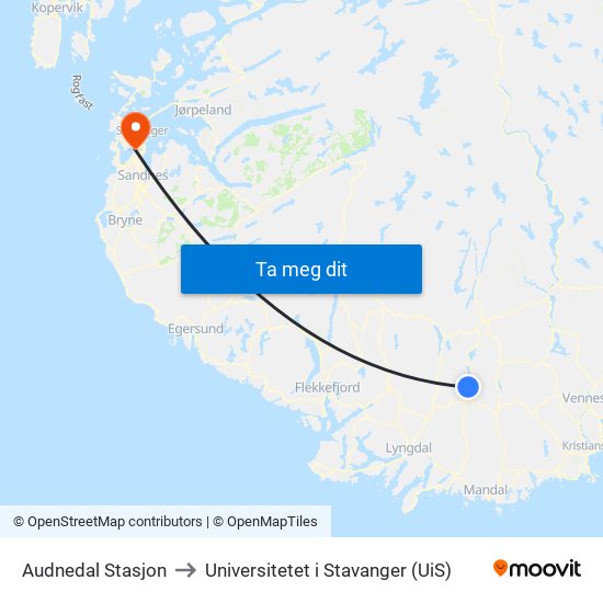 Audnedal Stasjon to Universitetet i Stavanger (UiS) map