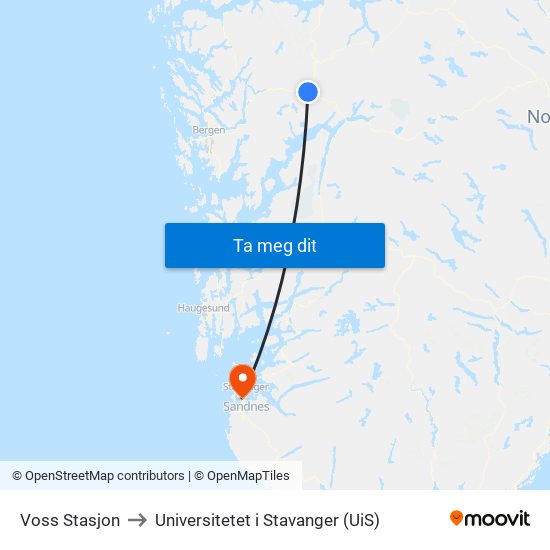 Voss Stasjon to Universitetet i Stavanger (UiS) map