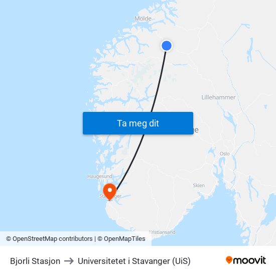 Bjorli Stasjon to Universitetet i Stavanger (UiS) map