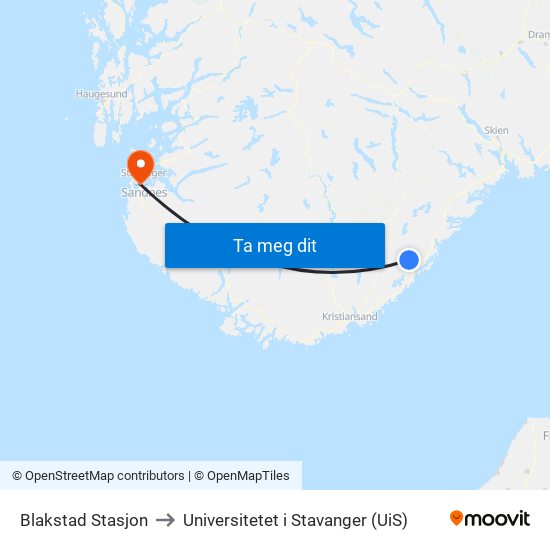 Blakstad Stasjon to Universitetet i Stavanger (UiS) map