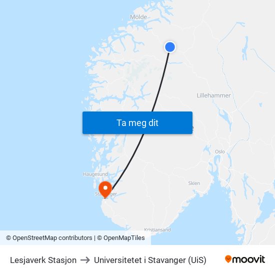 Lesjaverk Stasjon to Universitetet i Stavanger (UiS) map