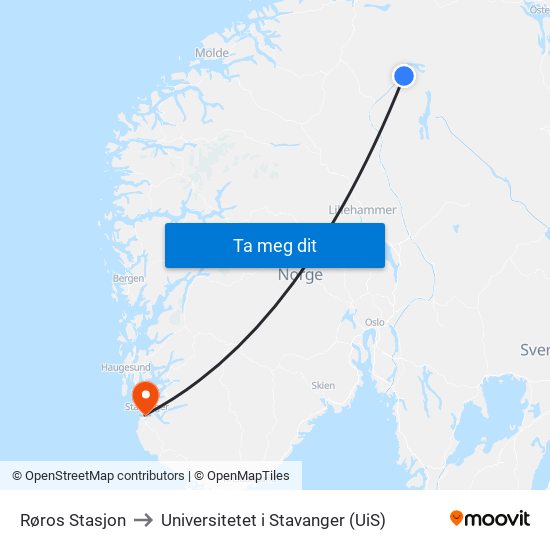Røros Stasjon to Universitetet i Stavanger (UiS) map