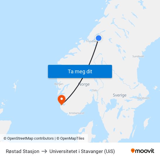 Røstad Stasjon to Universitetet i Stavanger (UiS) map