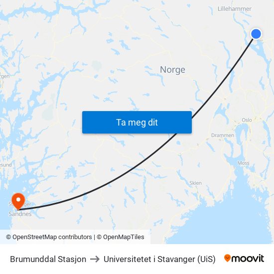 Brumunddal Stasjon to Universitetet i Stavanger (UiS) map