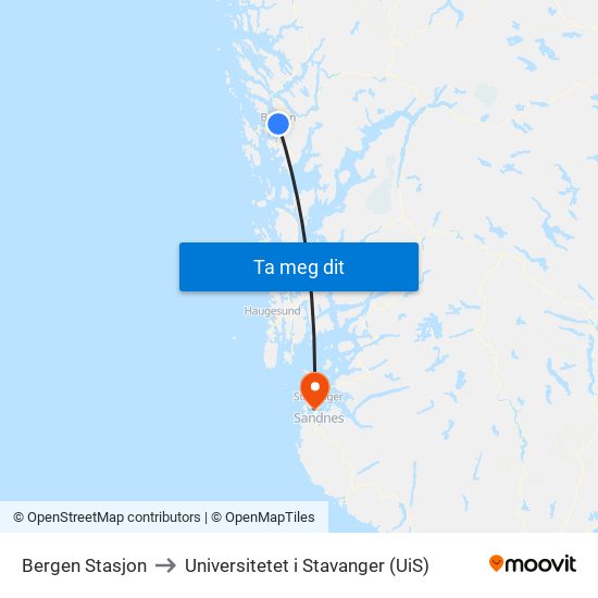 Bergen Stasjon to Universitetet i Stavanger (UiS) map
