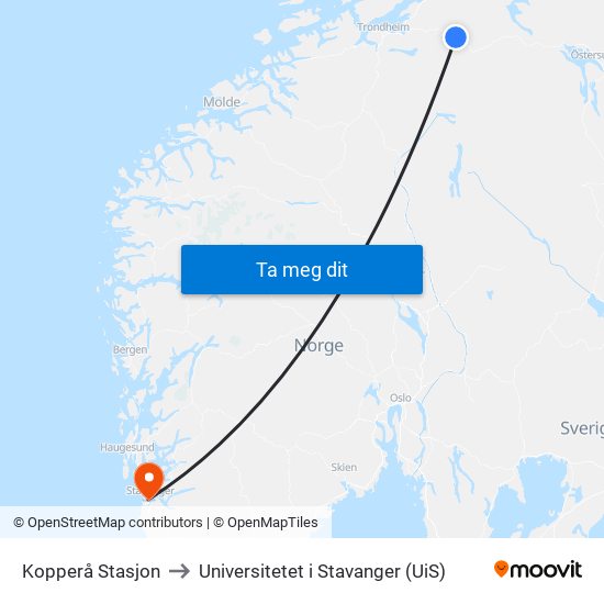 Kopperå Stasjon to Universitetet i Stavanger (UiS) map