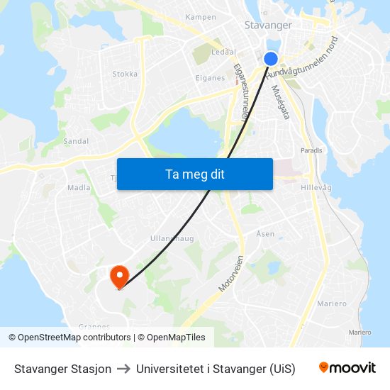 Stavanger Stasjon to Universitetet i Stavanger (UiS) map