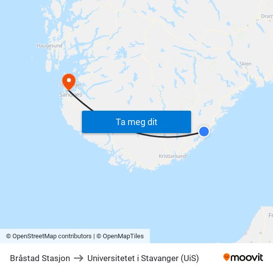 Bråstad Stasjon to Universitetet i Stavanger (UiS) map