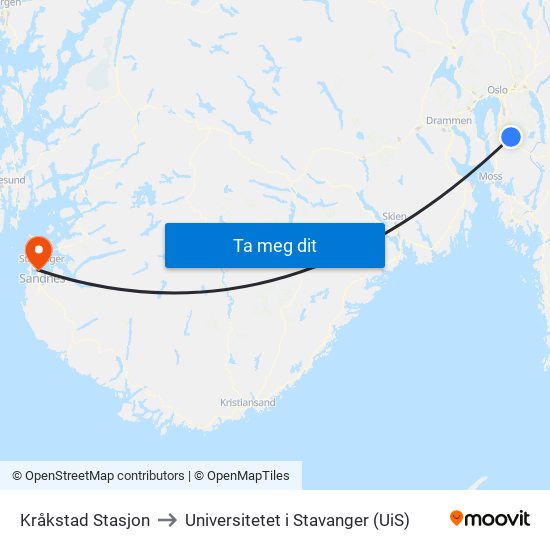 Kråkstad Stasjon to Universitetet i Stavanger (UiS) map