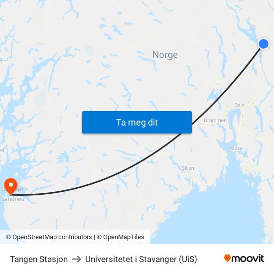 Tangen Stasjon to Universitetet i Stavanger (UiS) map