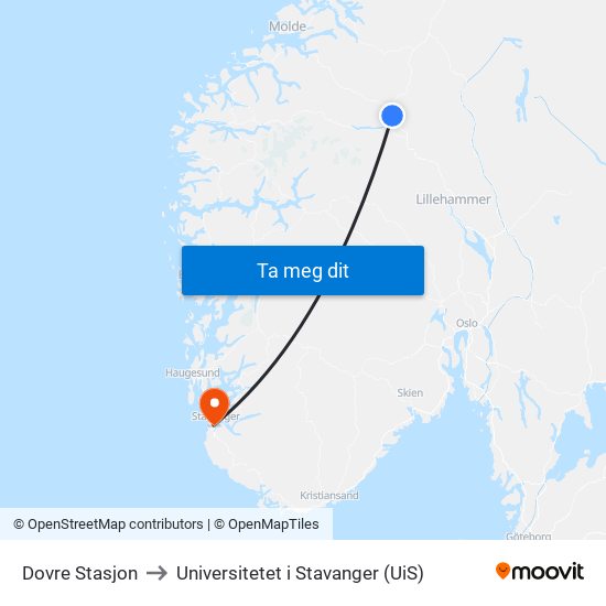 Dovre Stasjon to Universitetet i Stavanger (UiS) map