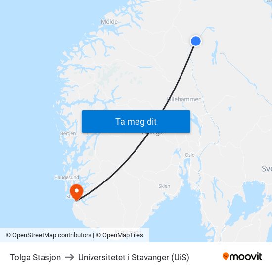Tolga Stasjon to Universitetet i Stavanger (UiS) map