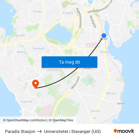 Paradis Stasjon to Universitetet i Stavanger (UiS) map