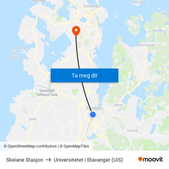 Skeiane Stasjon to Universitetet i Stavanger (UiS) map