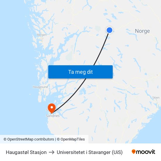 Haugastøl Stasjon to Universitetet i Stavanger (UiS) map