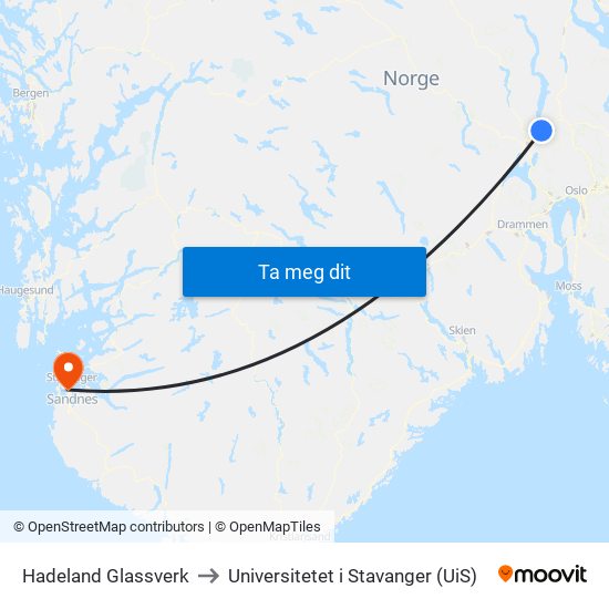 Hadeland Glassverk to Universitetet i Stavanger (UiS) map
