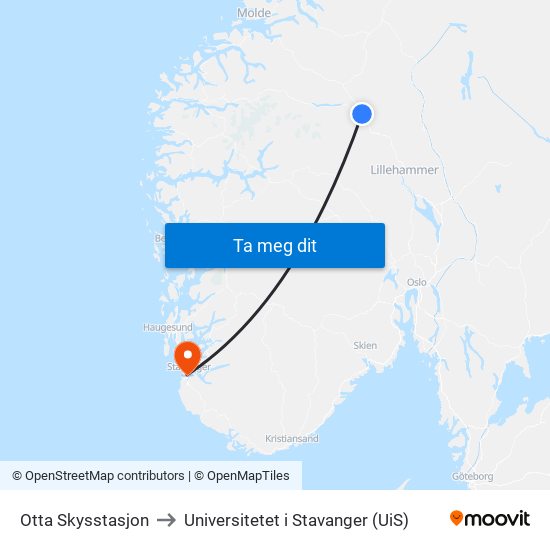 Otta Skysstasjon to Universitetet i Stavanger (UiS) map