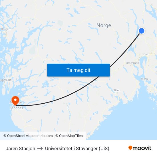 Jaren Stasjon to Universitetet i Stavanger (UiS) map