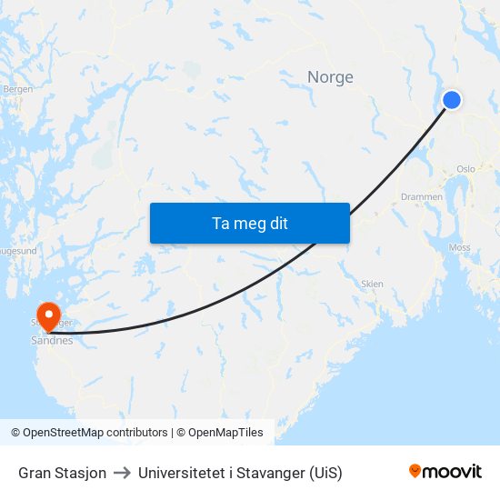 Gran Stasjon to Universitetet i Stavanger (UiS) map