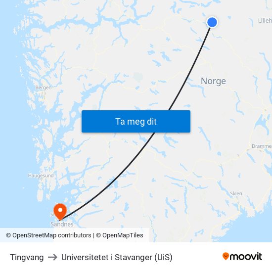 Tingvang to Universitetet i Stavanger (UiS) map