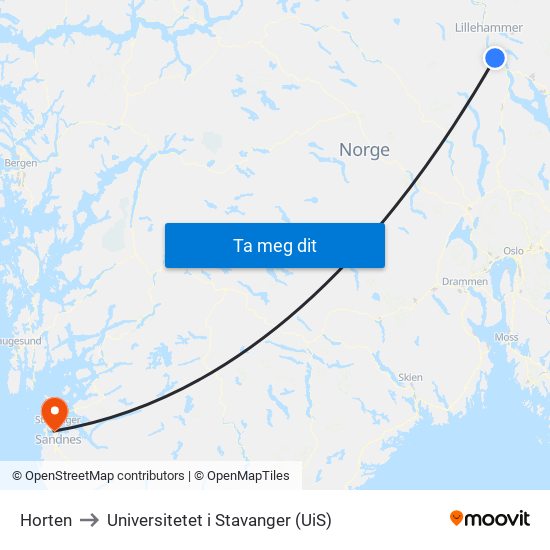 Horten to Universitetet i Stavanger (UiS) map