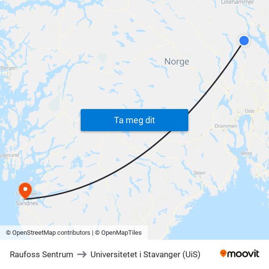 Raufoss Sentrum to Universitetet i Stavanger (UiS) map