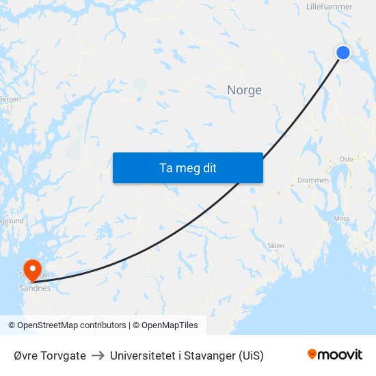 Øvre Torvgate to Universitetet i Stavanger (UiS) map