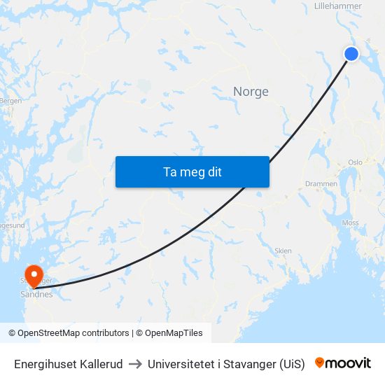 Energihuset Kallerud to Universitetet i Stavanger (UiS) map