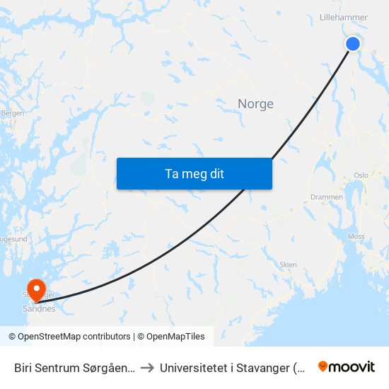 Biri Sentrum Sørgående to Universitetet i Stavanger (UiS) map