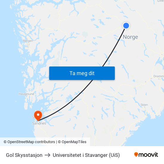 Gol Skysstasjon to Universitetet i Stavanger (UiS) map