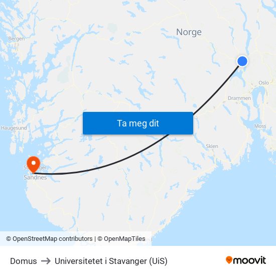 Domus to Universitetet i Stavanger (UiS) map