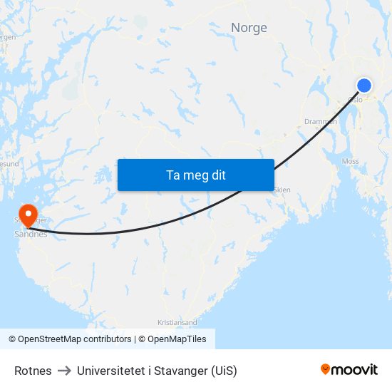 Rotnes to Universitetet i Stavanger (UiS) map