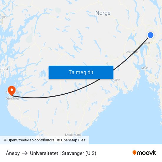 Åneby to Universitetet i Stavanger (UiS) map