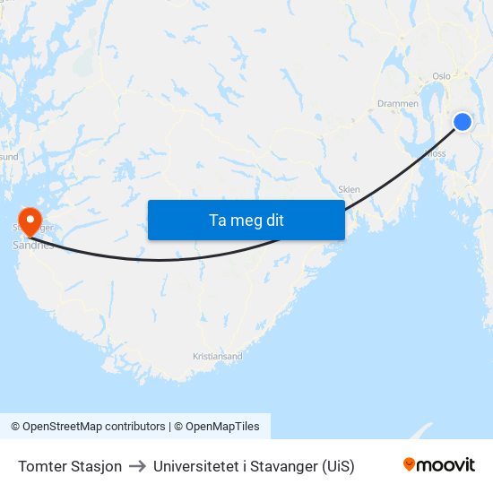 Tomter Stasjon to Universitetet i Stavanger (UiS) map