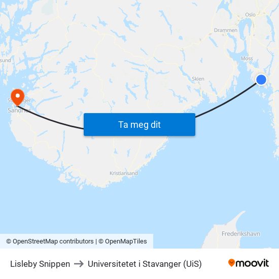 Lisleby Snippen to Universitetet i Stavanger (UiS) map