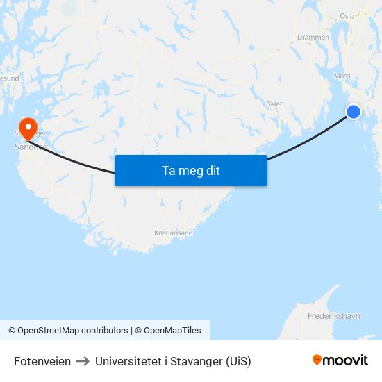 Fotenveien to Universitetet i Stavanger (UiS) map